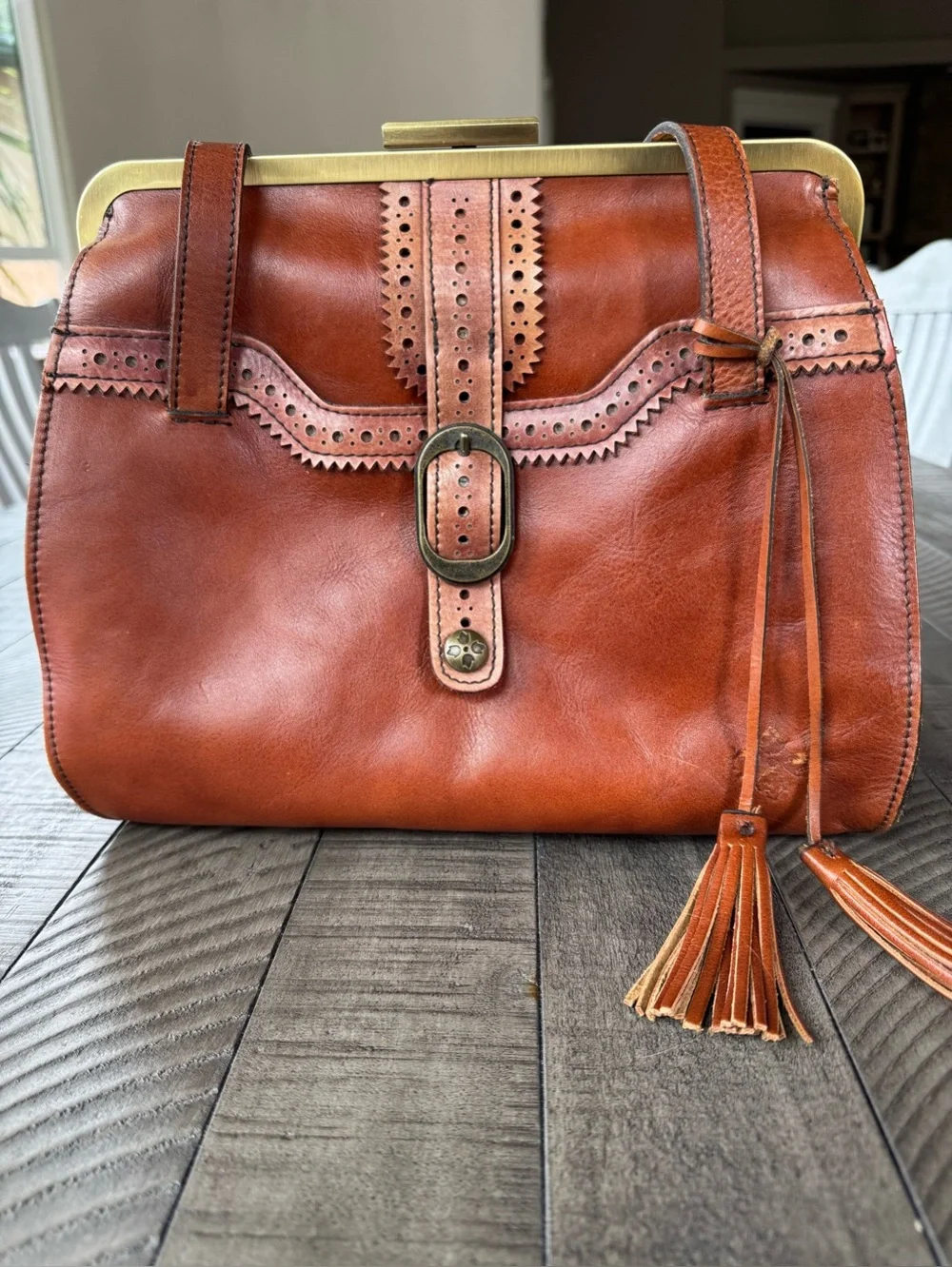 Vintage Patricia Nash Cognac Leather Frame Satchel - Shoulder Bag Purse